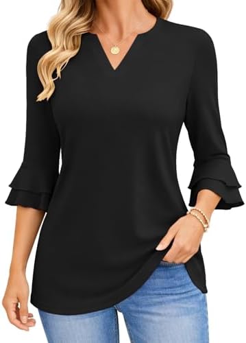 Womens 3/4 Bell Sleeve V Neck T Shirts Business Casual Blouses - Black
