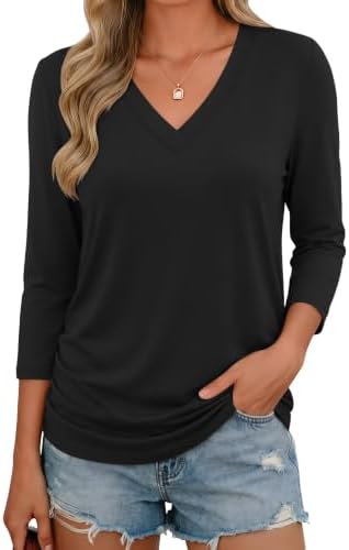 Womens 3/4 Length Sleeve V Neck T Shirts Side Ruched Casual Tunic Tops - Black