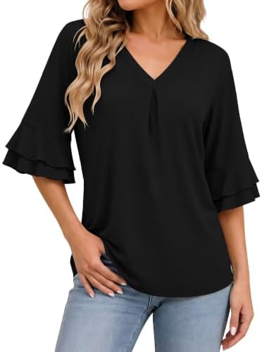Womens 3/4 Sleeve Length Tops V Neck Bell Sleeve T Shirts Loose Blouses - Black
