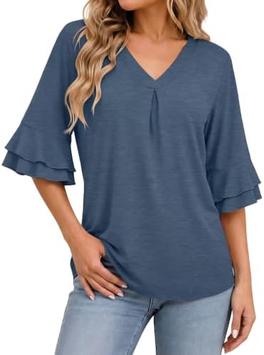 Womens 3/4 Sleeve Length Tops V Neck Bell Sleeve T Shirts Loose Blouses - Navy