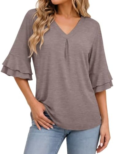Womens 3/4 Sleeve Length Tops V Neck Bell Sleeve T Shirts Loose Blouses - Grey Purple