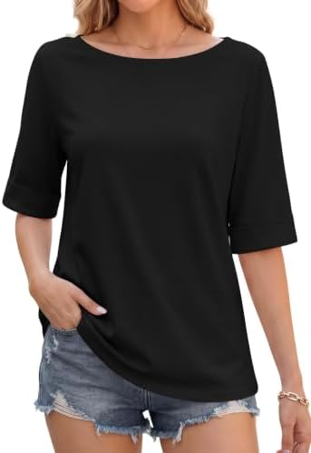 Womens Boat Neck Tops Rolled Half Sleeve T-Shirts - Black