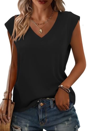 Womens Cap Sleeve T Shirts V Neck Summer Tops Loose Fit - Black