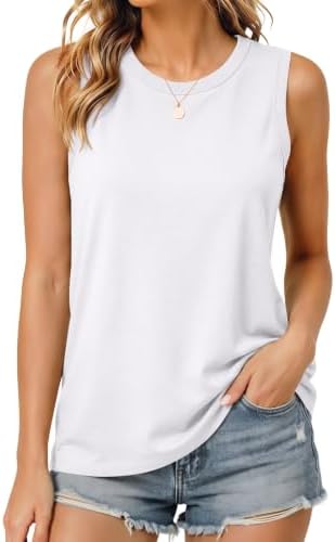Womens Crew Neck Tank Tops Loose Fit Summer Sleeveless Shirts - White