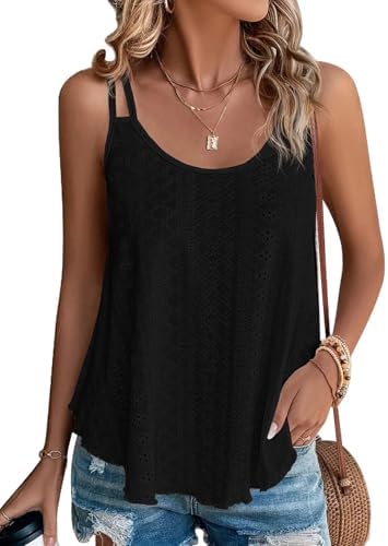 Womens Cute Tank Tops Spaghetti Strap Sleeveless Summer Flowy Shirts - Black