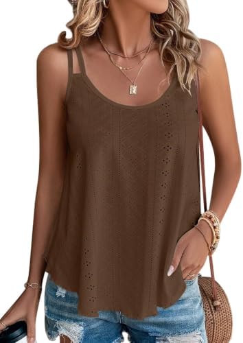 Womens Cute Tank Tops Spaghetti Strap Sleeveless Summer Flowy Shirts - Dark Brown