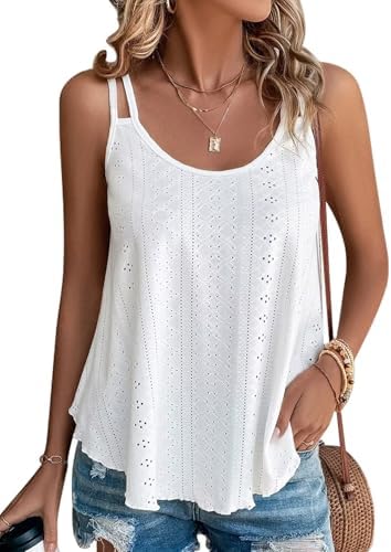 Womens Cute Tank Tops Spaghetti Strap Sleeveless Summer Flowy Shirts - White