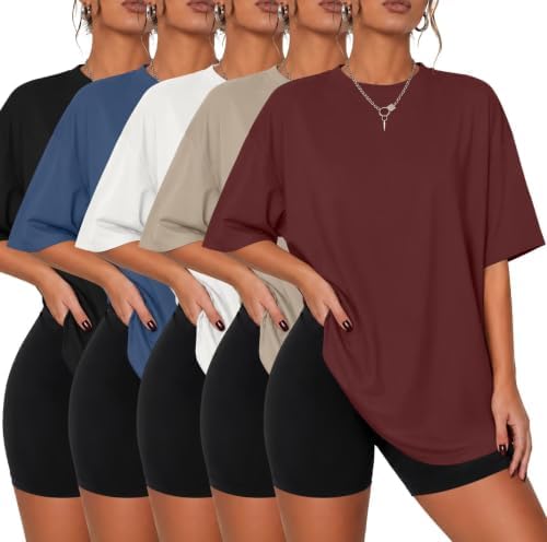 5 Pack Womens Oversized T Shirts Short Sleeve Crew Neck Summer Tops - Black / White / Blue / Khaki / Burgundy