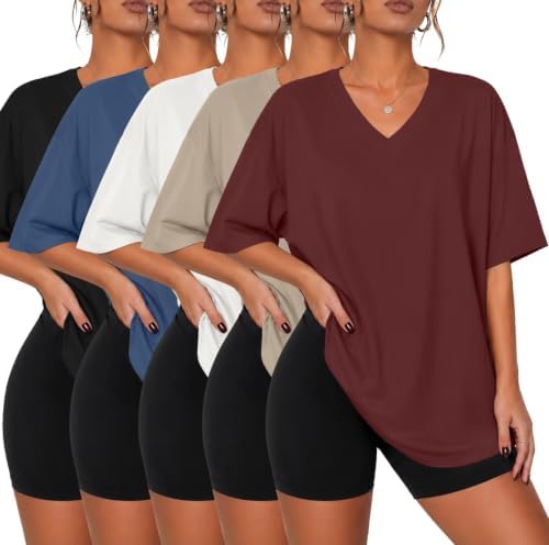 5 Pack Womens Oversized T Shirts V Neck Short Sleeve Summer Tops - Black / White / Blue / Khaki / Burgundy
