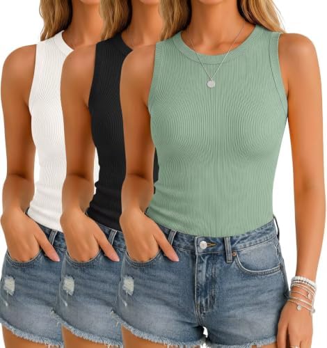 3 Pack Ribbed Tank Tops for Women High Neck Slim Fit Sleeveless Shirts - White / Black / Gray Green