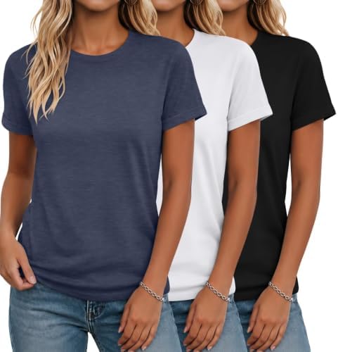 3 Pack Womens Short Sleeve Tops Crewneck T Shirts Summer Basic Tees - Black / White / Dark Blue