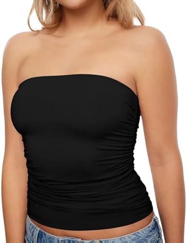 Womens Strapless Tube Tops Ruched Bandeau Summer Shirts Tank Tops - Black