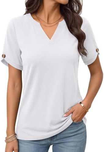 Womens Summer Tops V Neck Petal Short Sleeve T Shirts Loose Fit - White