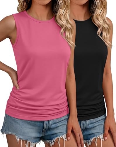 2 Pack Womens Tank Tops Crew Neck Ruched Sleeveless Basic Shirts - Black / Bright Pink