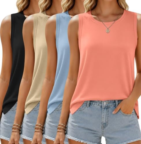 4 Pack Womens Tank Tops Crew Neck Sleeveless Loose Fit Summer Shirts - Black / Sky Blue / Khaki / Coral