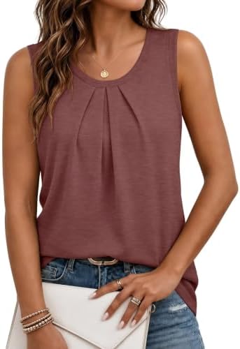 Womens Tank Tops Pleated Front Scoop Neck Sleeveless Shirts - Wine Red