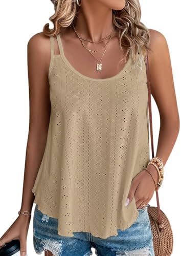 Womens Tank Tops Sleeveless Spaghetti Strap Scoop Neck Loose Fit Casual Summer Beach Vacation Flowy Shirts - Apricot