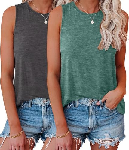 2 Pack Womens Tank Tops Summer Crew Neck Sleeveless Loose Fit Shirts - Black Gray / Green