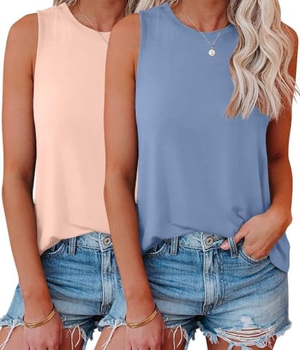 2 Pack Womens Tank Tops Summer Crew Neck Sleeveless Loose Fit Shirts - Nude Pink / Dusty Blue