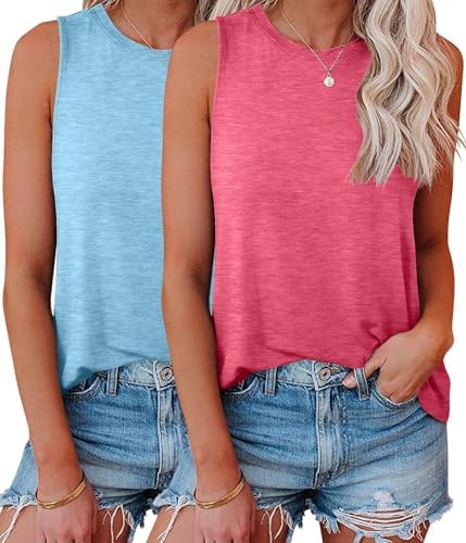 2 Pack Womens Tank Tops Summer Crew Neck Sleeveless Loose Fit Shirts - Sky Blue / Red
