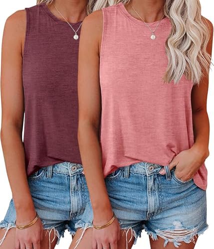 2 Pack Womens Tank Tops Summer Crew Neck Sleeveless Loose Fit Shirts - Wine Red / Pink