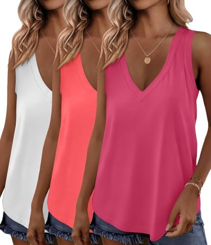 3 Pack Womens Tank Tops Summer V Neck Loose Fit Sleeveless Shirts - White / Neon Orange Red / Hot Pink