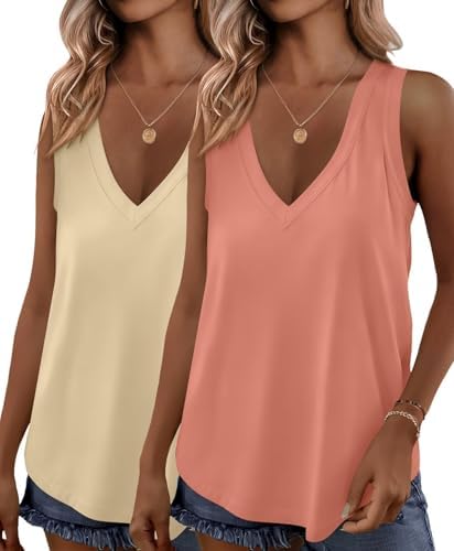 2 Pack Womens Tank Tops V Neck Summer Sleeveless Loose Fit Flowy Shirts - Apricot / Coral