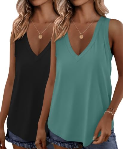 2 Pack Womens Tank Tops V Neck Summer Sleeveless Loose Fit Flowy Shirts - Black / Blue Green