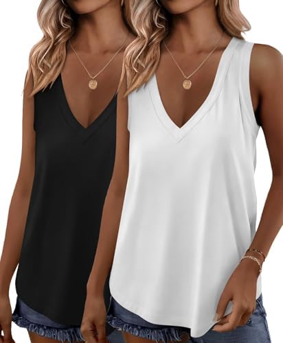 2 Pack Womens Tank Tops V Neck Summer Sleeveless Loose Fit Flowy Shirts - Black / White