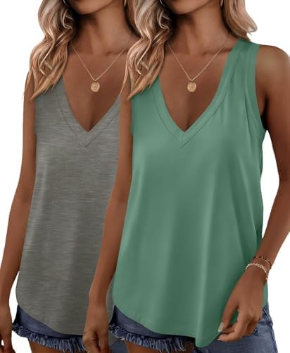 2 Pack Womens Tank Tops V Neck Summer Sleeveless Loose Fit Flowy Shirts - Grey / Green