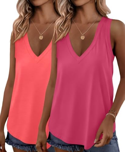 2 Pack Womens Tank Tops V Neck Summer Sleeveless Loose Fit Flowy Shirts - Neon Orange Red / Hot Pink