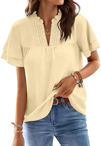 Womens Tops Lace V Neck T Shirts Ruffle Short Sleeve Tops - Apricot