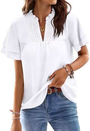 Womens Tops Lace V Neck T Shirts Ruffle Short Sleeve Tops - White