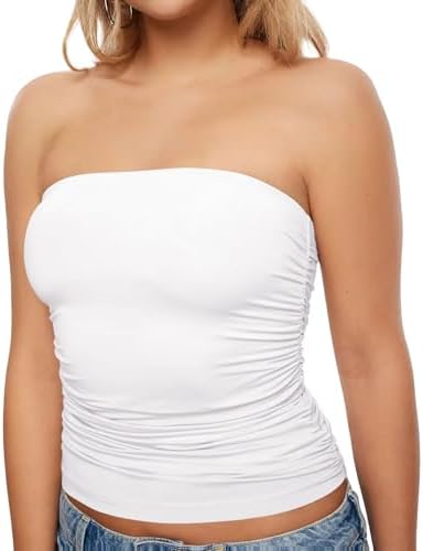 Womens Tube Tops Strapless Going Out Tank Y2K Top Ruched Bandeau 2026 Summer Outfits Sleeveless Shirts - White