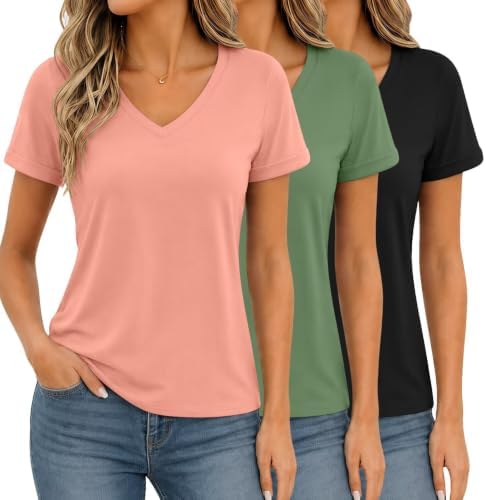 3 Pack Womens V Neck T Shirts Summer Short Sleeve Tops Basic Tees - Black / Sage Green / Rose Pink