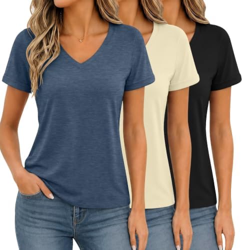 3 Pack Womens V Neck T Shirts Summer Short Sleeve Tops Basic Tees - Black / Apricot / Navy