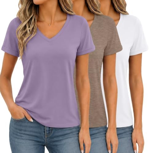 3 Pack Womens V Neck T Shirts Summer Short Sleeve Tops Basic Tees - White / Coffee Grey / Light Purple
