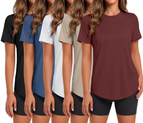 5 Pack Womens Workout Shirts Short Sleeve Crew Neck Athletic Summer Top - Black / White / Blue / Khaki / Burgundy