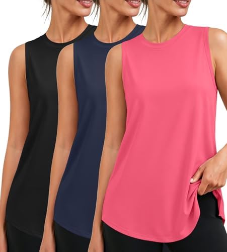 3 Pack Womens Workout Tank Tops Lightweight Sleeveless Loose Fit Athletic Shirts for Gym Yoga Running - Black / Navy / Hot Pink
